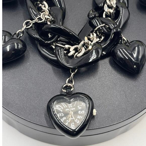 Betsey Johnson Vintage Black Puffy‎ 3D Heart Watch Chain Bracelet BJ7016 - Picture 2 of 10